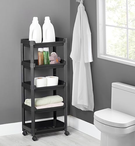 Alternative view of Geniş 5 Katlı Tekerlekli Düzenleyici Raf - Banyo ve Mutfak İçin Çok Amaçlı Servis Arabası - Dar Alanlar İçin Tekerlekli Organizer Ünite (35,5x22x85 cm) Beyaz ve Siyah Renk Seçenekleri (Siyah)