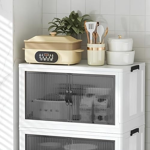 4 Kat Portatif Organizer Tekerlekli Çok Amaçlı Katlanabilir Dolap, Kapaklı Düzenleyici Raf Mutfak, Banyo, Çocuk Odası, Garaj ve Ardiye için Toparlayıcı Ünite, Stop Tekerlekli (BEYAZ) - Görsel 3