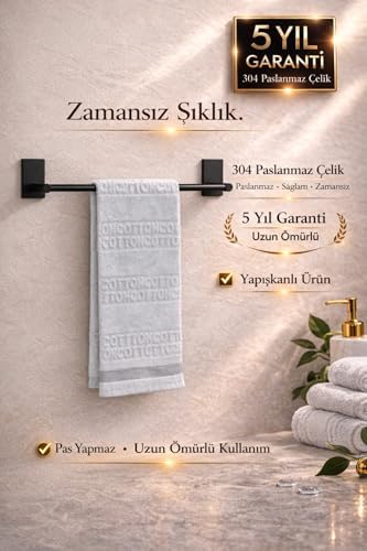 Banyo Premium Siyah 304 Paslanmaz Uzun Havluluk, Havlu Askısı | Güçlü Yapışkan | 5 Yıl Garanti