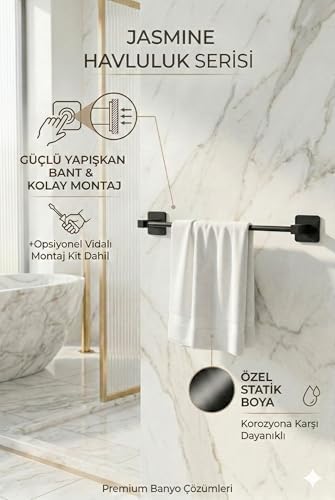 Banyo Yapışkanlı Siyah Kare Uzun Havluluk Havlu Askısı