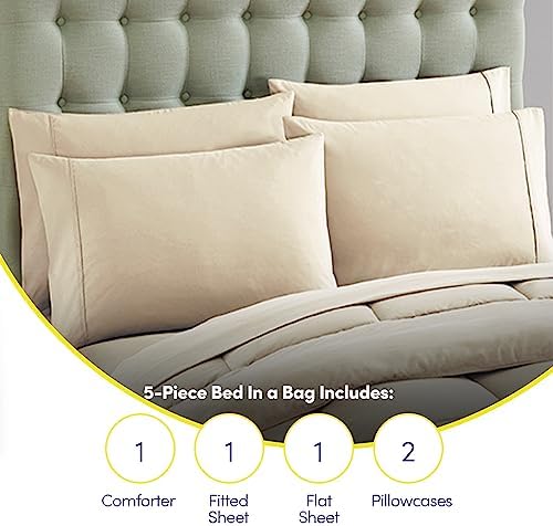 7 Parça Yorgan Seti Çanta Düz Renk Tüm Sezon Yumuşak Aşağı Alternatif Battaniye ve Lüks Mikrofiber Yatak Çarşafları, Bej, İkiz XL