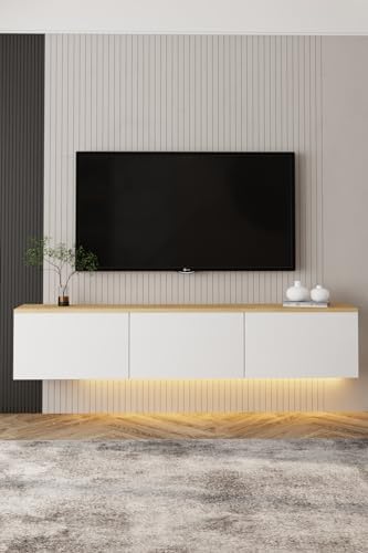 Alternative view of Neon LED Işıklı Duvara Monte, 3 Kapaklı TV Sehpası – 160 cm - Modern Tasarım, Beyaz/Safir Meşe