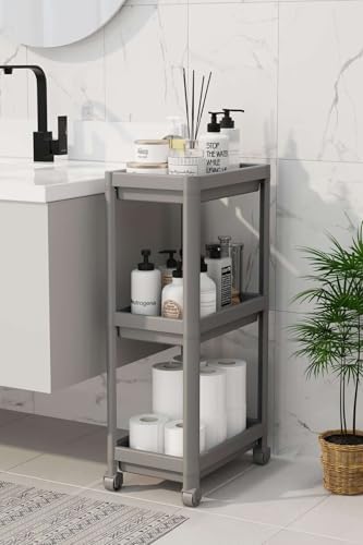 3 Katlı Tekerlekli Raf Ünitesi - Banyo & Mutfak Organizer - Çok Amaçlı Servis Sehpası - Dar Alanlar İçin Pratik Saklama Çözümü (GRİ)