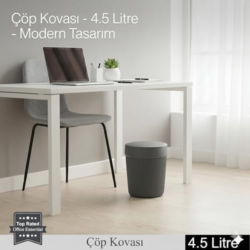 4.5 Litre Çöp Kovası | Modern Kapaklı Banyo ve Ofis Çöp Kutusu | Küçük Boy Dekoratif Tezgah Üstü Atık Kovası | Mat Çizgili Tasarım (Gri)