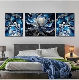 3Lü Kanvas Şık Salon Duvar Tablosu Mavi Gri Beyaz Çiçek Dizayn, 30 X 40