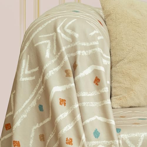 CONCEPT SoftMicro Etnik Desenli Mikrofiber Koltuk Örtüsü ve Şalı, Kaymaz Bej 180x220 cm