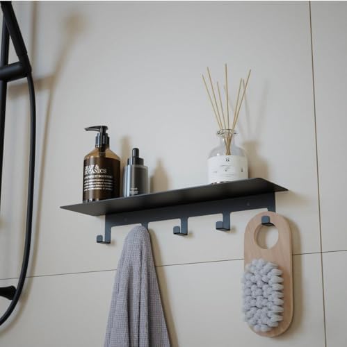 Yapışkanlı Metal Banyo Rafı 5 Kancalı Duvar Rafı Organizer Dekoratif Raf Siyah Paslanmaz Duvar Rafı Havluluk Askılık Banyo Mutfak Çok Amaçlı Raf