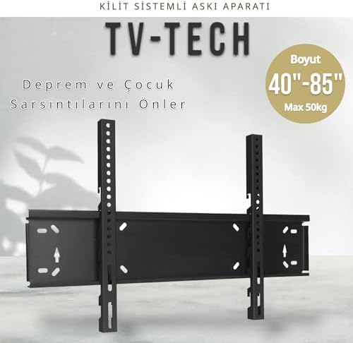 Tvtech TV-4085 Televizyon Duvar Askı Aparatı, 40"-85" inç (102-216cm) VESA 400x400-600x400-600x500-700x500 max 50kg/110LBS-Kilitli Sistem-Sarsılmaz-Depreme karşı-Çocuk kilitli - Kavisli/Curved Uyumlu