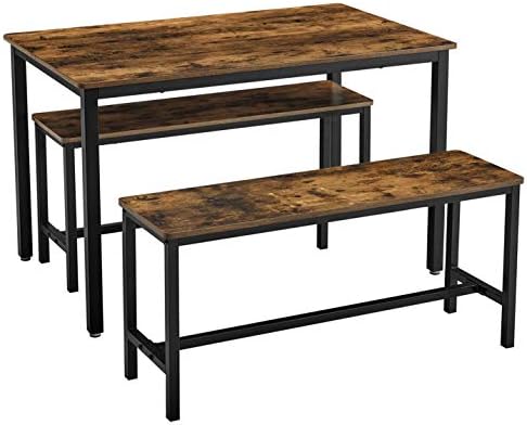 yemek Masası, 2 banklı, 3'lü set, mutfak Masası 70 x 110 x 75 cm, her biri 2 bank 30 x 97 x 50 cm, çelik çerçeve, endüstriyel tasarım, Kahverengi-Siyah KDT070B01