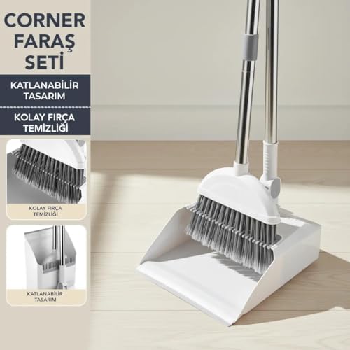 Corner Taraklı ve Saplı Faraş Süpürge Seti - Katlanabilir Dik Faraş Takımı - Paslanmaz Çelik Saplı Ergonomik Temizlik Seti (Beyaz -)