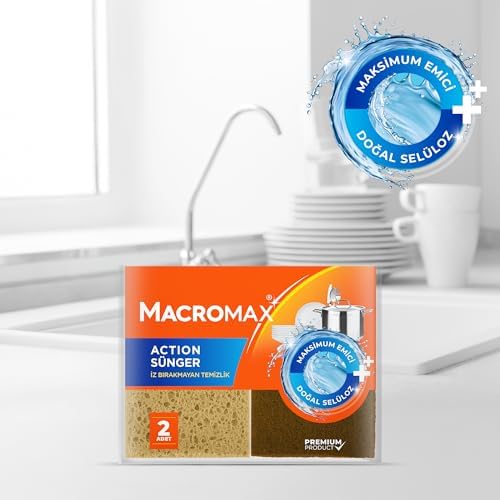 Macro Max Action Sünger 2'li Paket, Doğal Selülozlu Maksimum Emici İz Bırakmaz Bulaşık Süngeri