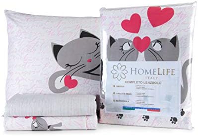 in Italy Çift Nevresim Set Pamuk Kedi, | Komple 2 Boyutları + Pembe Yastık kılıfı ve Kediler Tasarım | Üst levha 250 x 300 + Gömme Alt 180 x 200 + 4 yastık 52 x 82 - Pembe, 2P - Görsel 4