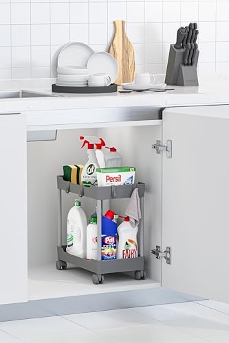 Gri 2 Katlı Tekerlekli Düzenleyici Mutfak ve Banyo Rafı