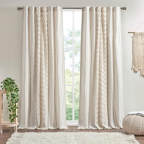 Imani%100 Pamuk TEK PANEL Perde Püsküllü Şönil Çizgili Geometrik Baskı Yüzyıl Ortası Görünümlü Çubuk Cep Üstü Oturma Odası için, Yatak Odası için Gizlilik Pencere Uygulaması, 127 cm x 213 cm, - Görsel 2