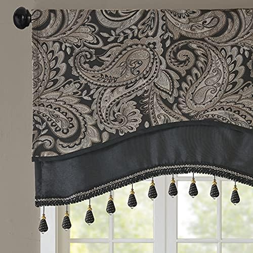 İpek Şal Desenli, Rustik Cepli Perde Gizlilik Astarlı Oturma Odası, Mutfak, Yatak Odası ve Yurt Odası için, 127 cm x 45 cm, Siyah Boncuk Süsleme