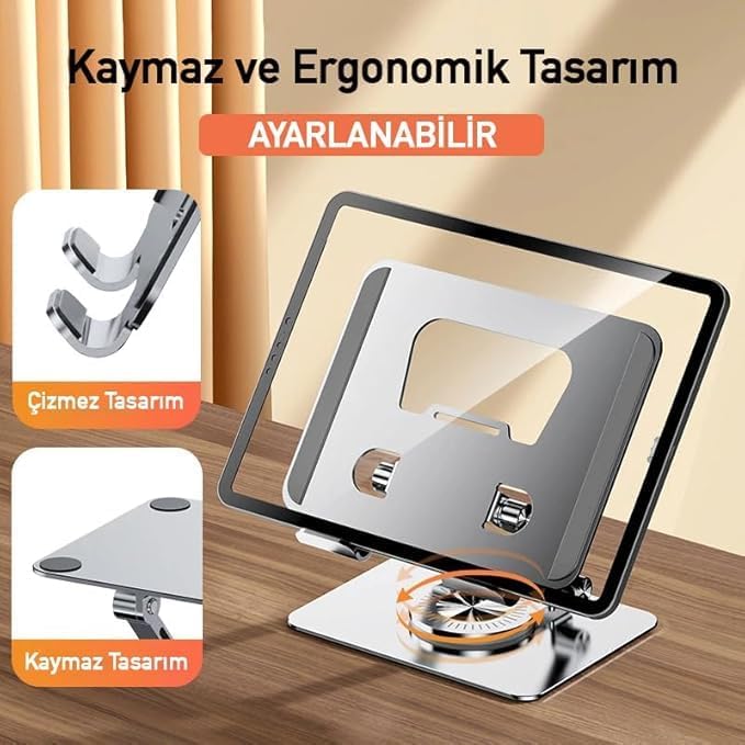 Alternative view of Tablet Standı 360 Derece Dönebilen Tablet Stand Katlanabilir Metal Standı Notebook Laptop Tutucu Standı Tablet ve Telefon Tutucu Stant Tablet Tutucu Metal (Açık Gri) (360 DERECE)