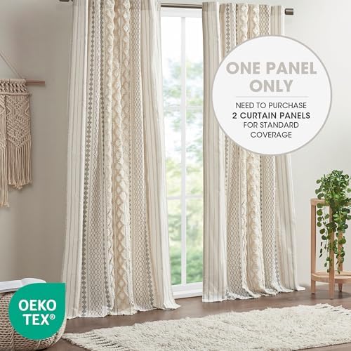 Imani%100 Pamuk TEK PANEL Perde Püsküllü Şönil Çizgili Geometrik Baskı Yüzyıl Ortası Görünümlü Çubuk Cep Üstü Oturma Odası için, Yatak Odası için Gizlilik Pencere Uygulaması, 127 cm x 213 cm, - Görsel 3