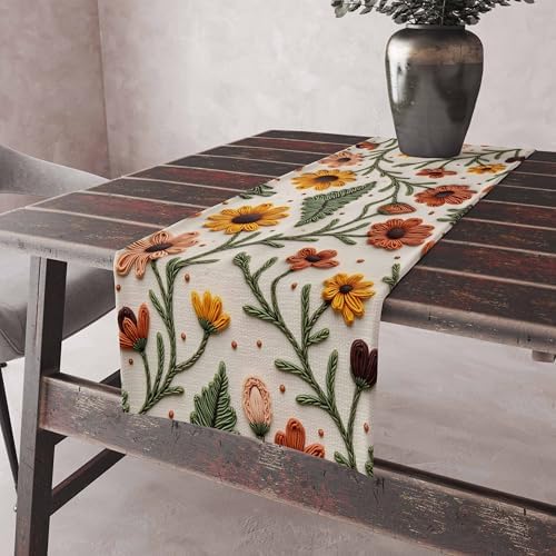 Nakış Desen Dijital Baskılı Sarı Turuncu Sonbahar Çiçek Desenli Masa Örtüsü 45x100 cm - Görsel 2