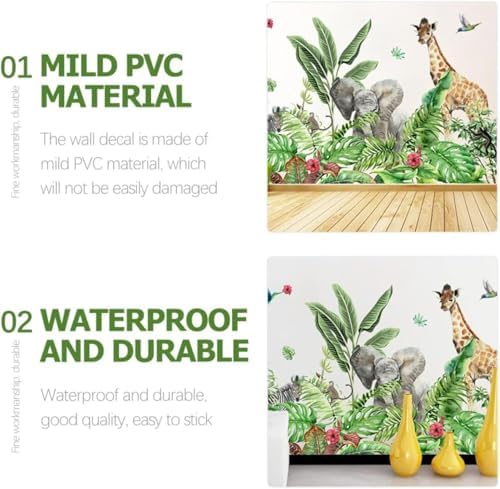 duvar çıkartmaları, orman hayvanları ve tropikal bitki desenli sticker, su geçirmez PVC bebek odası dekorasyonu, kendin yap yeşil yapraklar ile kırmızı çiçekli dekoratif yapışkanlı folyo
