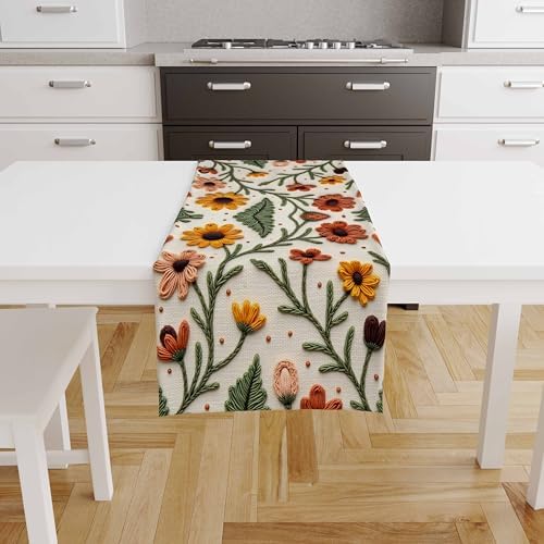 Nakış Desen Dijital Baskılı Sarı Turuncu Sonbahar Çiçek Desenli Masa Örtüsü 45x100 cm - Görsel 4