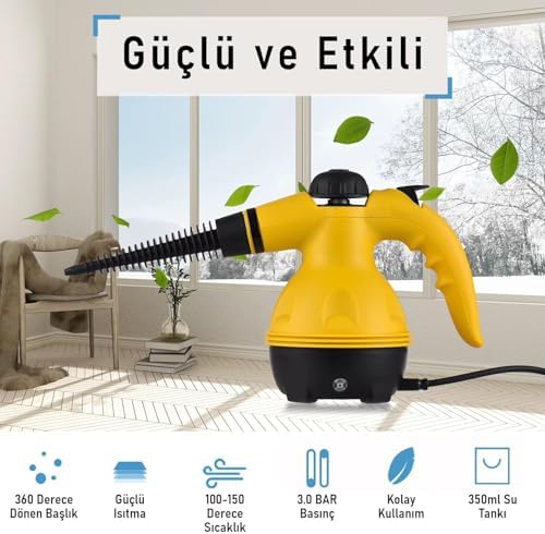 2500W El Tipi Buharlı Temizleyici – 3 Bar Basınç, 360° Döner Başlık, 9 Parça Aparatlı, Çok Amaçlı Kullanım