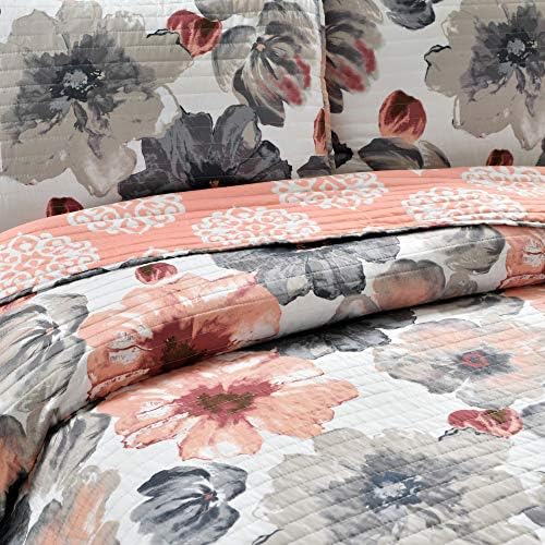 Lush Leah Çift Taraflı Çiçekli Yorgan Seti, 3 Parça Set, Kral, ve Gri - Büyüleyici Çiçekli Yatak Seti - Büyük Çiçek Açan Sulu Boya Çiçekler - Görsel 2