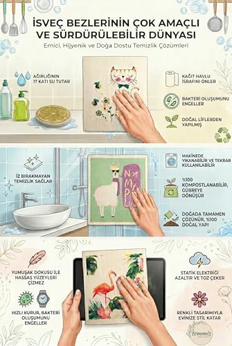 Swedish Dishcloth İsveç Bezi -Lama-Kedi Desenleri 3'lü Paket, Sürdürülebilir, Tekrar Kullanılabilir, Tüm Yüzeylere Uygulanabilir, Makinede Yıkanabilir