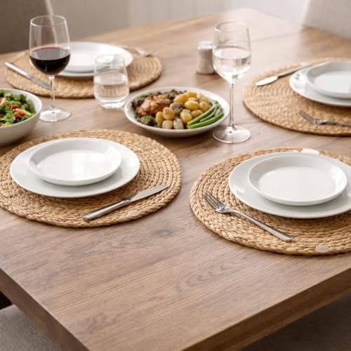 Doğal Hasır Suple 4’lü Set Yuvarlak Amerikan Servis, El Yapımı Hasır Placemats, Kaymaz Dayanıklı Masa Altlığı, Mutfak Yemek Masası Dekoratif Kullanım, Rustik Tasarım (Çap 30 cm) - Görsel 4