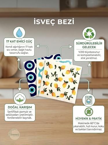 Alternative view of Swedish Dishcloth İsveç Bezi Renkli Desenli 3'lü Paket, Sürdürülebilir, Tekrar Kullanılabilir, Tüm Yüzeylere Uygulanabilir, Makinede Yıkanabilir