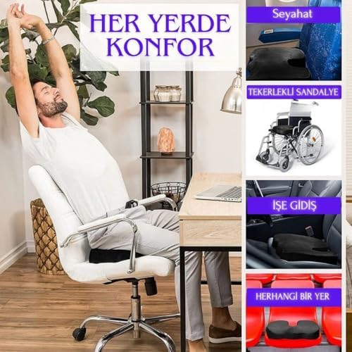 Ortopedik Visco Oturma Minderi – Coccyx Destekli Hemoroid ve Basur Yastığı | Elastik Oturma Simidi, Siyah, Standart Boy