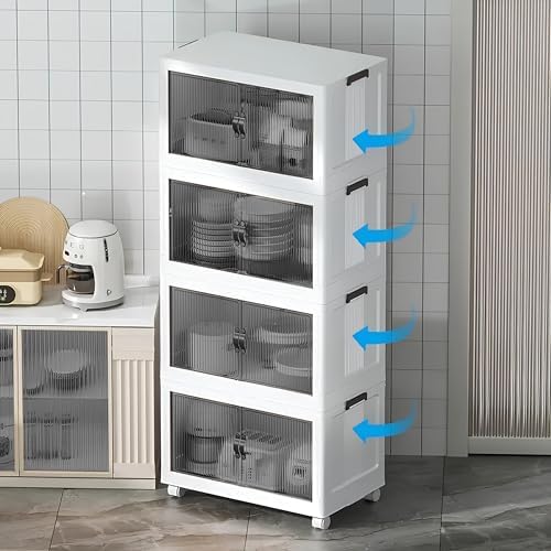 4 Kat Portatif Organizer Tekerlekli Çok Amaçlı Katlanabilir Dolap, Kapaklı Düzenleyici Raf Mutfak, Banyo, Çocuk Odası, Garaj ve Ardiye için Toparlayıcı Ünite, Stop Tekerlekli (BEYAZ) - Görsel 4