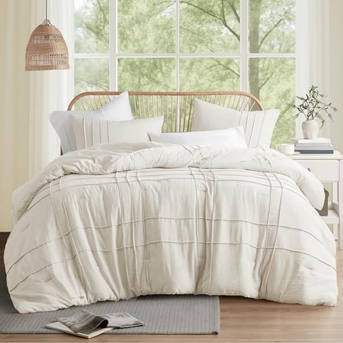Spaces Krem Kraliçe Yorgan Seti - 3 Parça Pintuck Pileli Çiftlik Evi Yatak Takımları Kraliçe, Tüm Sezon Hafif, Pamuk Benzeri Yumuşaklık Önceden Yıkanmış Mikrofiber Kraliçe Yatak Seti, Şems, - Görsel 2
