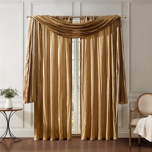 Fashions Venedik İpek Çift Çubuk Cep Perde Panelleri Eşarp Saçaklı - 3'lü Set - Panel 132 cm x 213 cm, Altın (2 Panel - 1 Eşarp) - Görsel 3