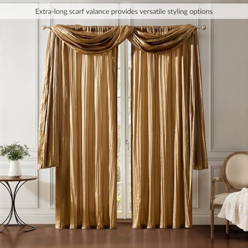 Fashions Venedik İpek Çift Çubuk Cep Perde Panelleri Eşarp Saçaklı - 3'lü Set - Panel 132 cm x 213 cm, Altın (2 Panel - 1 Eşarp) - Görsel 2