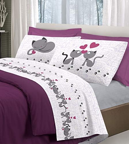 in Italy Çift Nevresim Set Pamuk Kedi, | Komple 2 Boyutları + Pembe Yastık kılıfı ve Kediler Tasarım | Üst levha 250 x 300 + Gömme Alt 180 x 200 + 4 yastık 52 x 82 - Pembe, 2P - Görsel 3