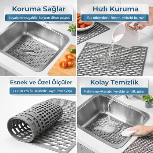 Silikon Kaydırmaz Lavabo Paspası, Gri, 33x28 cm, Delikli Tasarım, Mutfak ve Banyo için Su Geçiren Tezgah Koruyucu Mat - Görsel 3