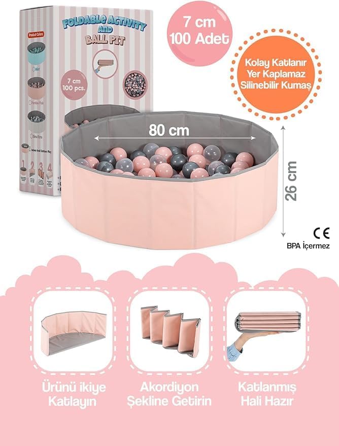Akordeon Katlanabilir Oyun Alanı 7 Cm 100 Toplu -Pudra