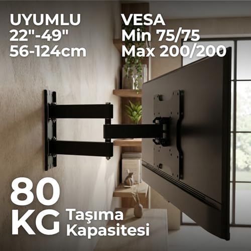 Hareketli TV Askı Aparatı, 22-49 İnç Uyumlu, 170° Yatay Hareket, 3 Kollu Duvar Askısı, 80 kg Taşıma Kapasitesi, VESA 200x200, 200x100,100x100, 75x75 - Görsel 4
