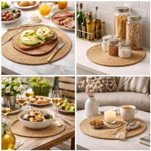 Doğal Hasır Suple 4’lü Set Yuvarlak Amerikan Servis, El Yapımı Hasır Placemats, Kaymaz Dayanıklı Masa Altlığı, Mutfak Yemek Masası Dekoratif Kullanım, Rustik Tasarım (Çap 30 cm) - Görsel 2