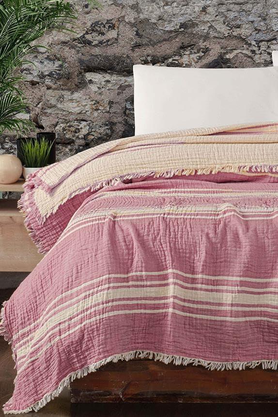 Buldan Müslin Yatak Örtüsü Pike Çift Kişilik%100 Pamuk 240 x 260 cm Pembe - Görsel 2