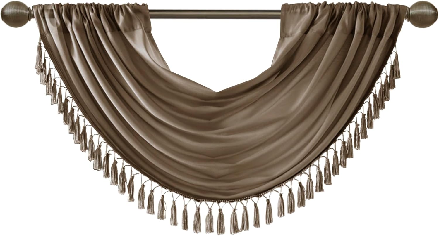 Şelale Süslü Çubuk Cepli Farbala - Pencere için İpek Farbala - Salon için - 38X46" - Bronz - Görsel 4