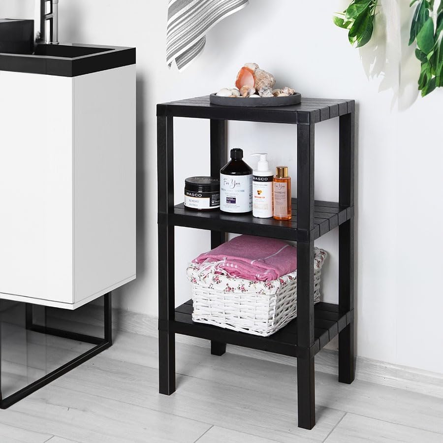 3 Katlı Köşe Rafı | Banyo, Mutfak ve Kiler İçin Yer Tasarruflu Organizer | Çok Amaçlı Plastik Raf | 3 Farklı Renk Seçeneği (38x29x74cm) (SİYAH)
