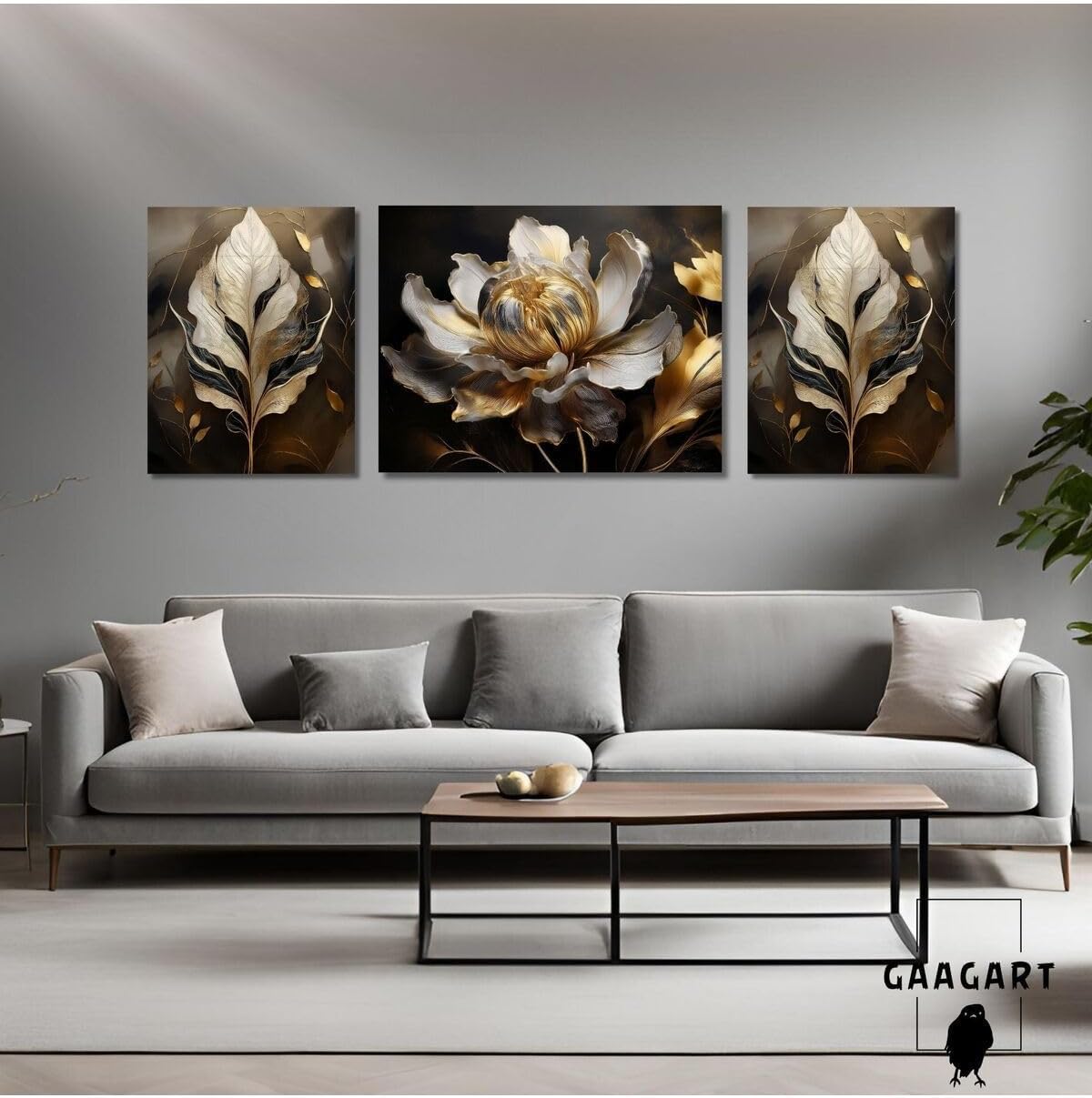 3Lü Kanvas Şık Salon Duvar Tablosu Gri Çiçek Tasarımı, 50 X 70