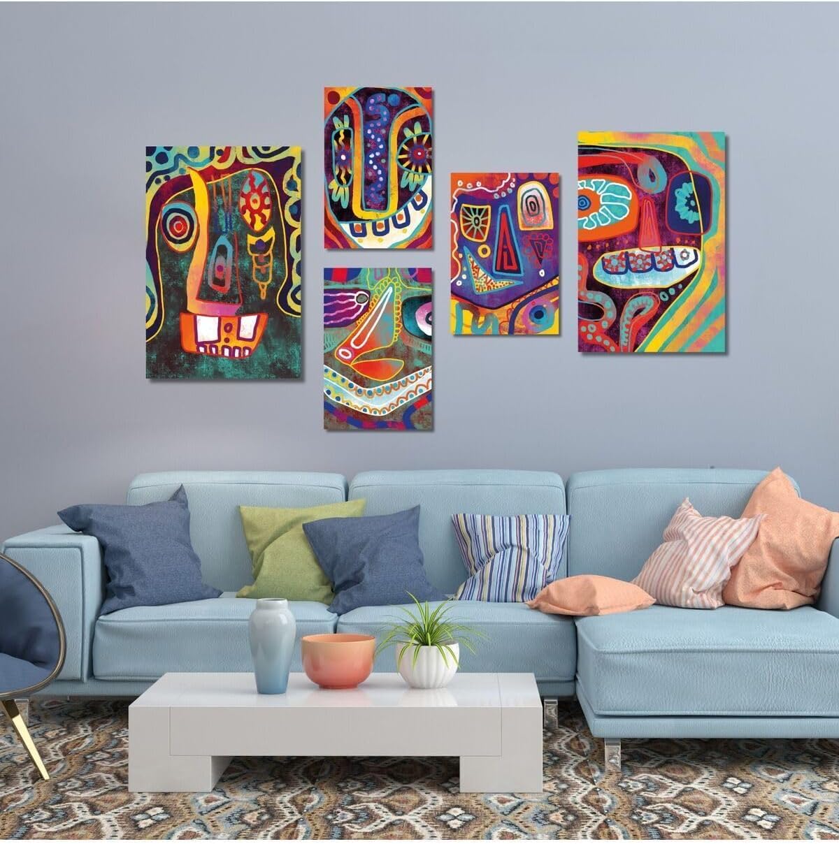 5 Parçalı Kanvas Dekoratif Tablo Renkli Asimetrik Şekiller, 30 X 40