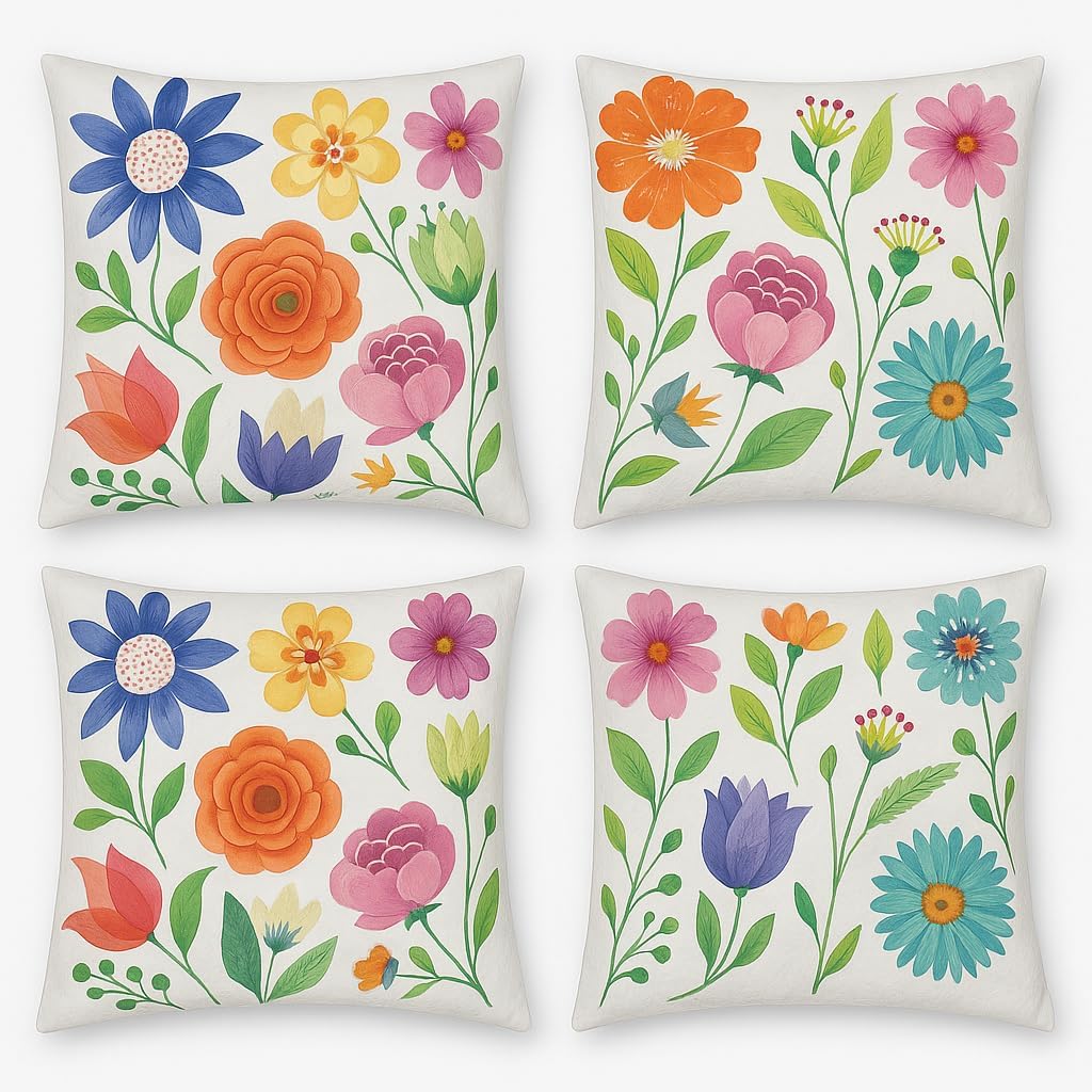 Dijital Baskı Çiçek Desenli Dekoratif Yastık Kılıfı 45x45 cm – Fermuarlı, Yıkanabilir, Renkli Tasarım, 4’lü Set – İç Yastık Dahil Değildir - Görsel 3