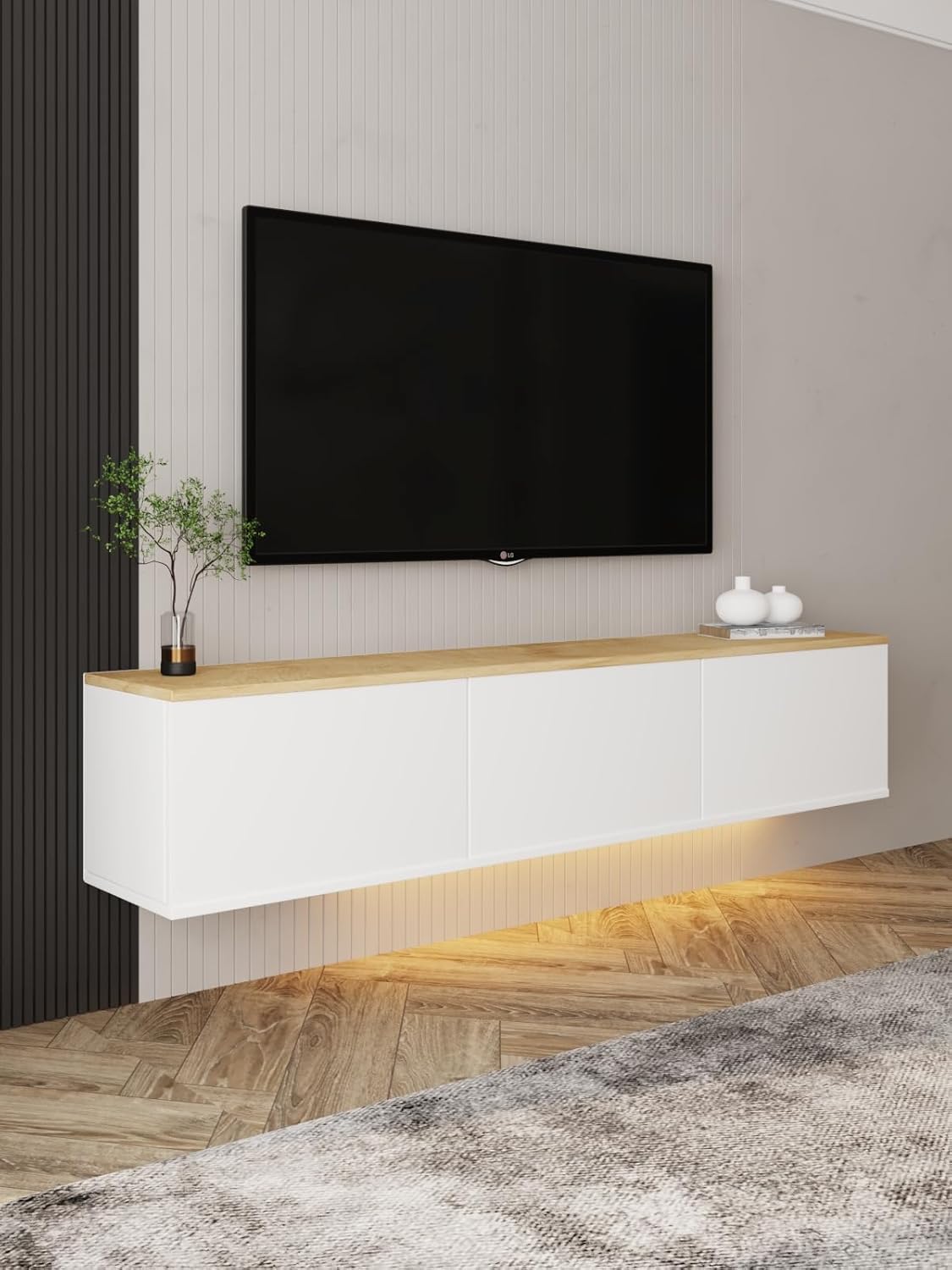 Neon LED Işıklı Duvara Monte, 3 Kapaklı TV Sehpası – 160 cm - Modern Tasarım, Beyaz/Safir Meşe