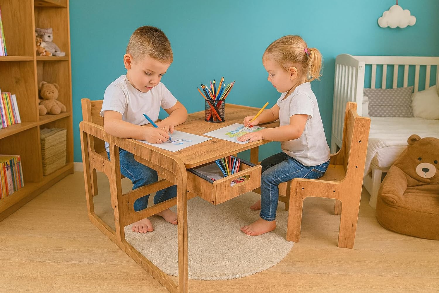 İki Kişilik Çekmeceli Ahşap Çocuk Oyun & Aktivite Masa ve Takımı - 18mm Ceviz Renk MDF