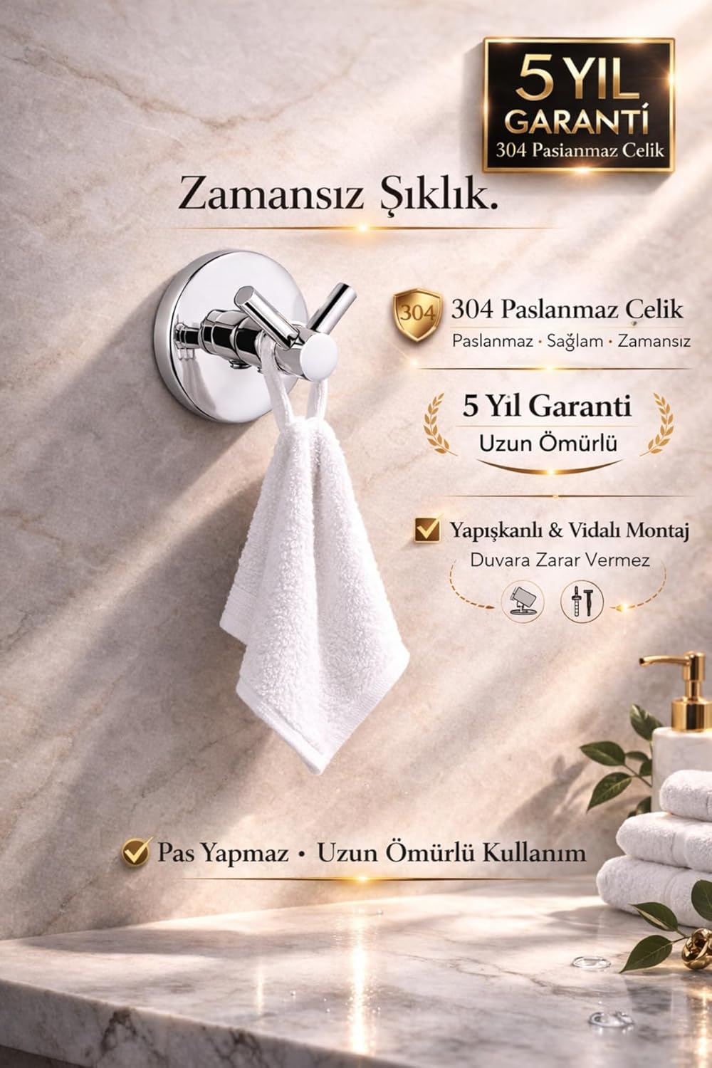 Banyo 304 Paslanmaz Çelik V Bornoz Havluluk, Askılık – 5 Yıl Garantili – Yapışkanlı & Vidalı Montaj