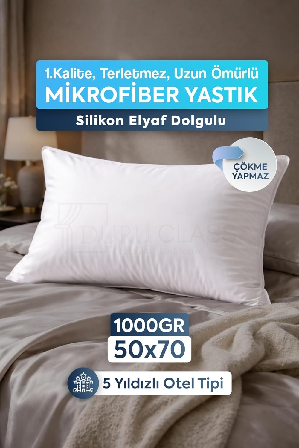 Mikrofiber Yastık Silikon Elyaf Otel Tipi 1000Gr Dolgulu Destek 50x70 Beyaz - Görsel 3