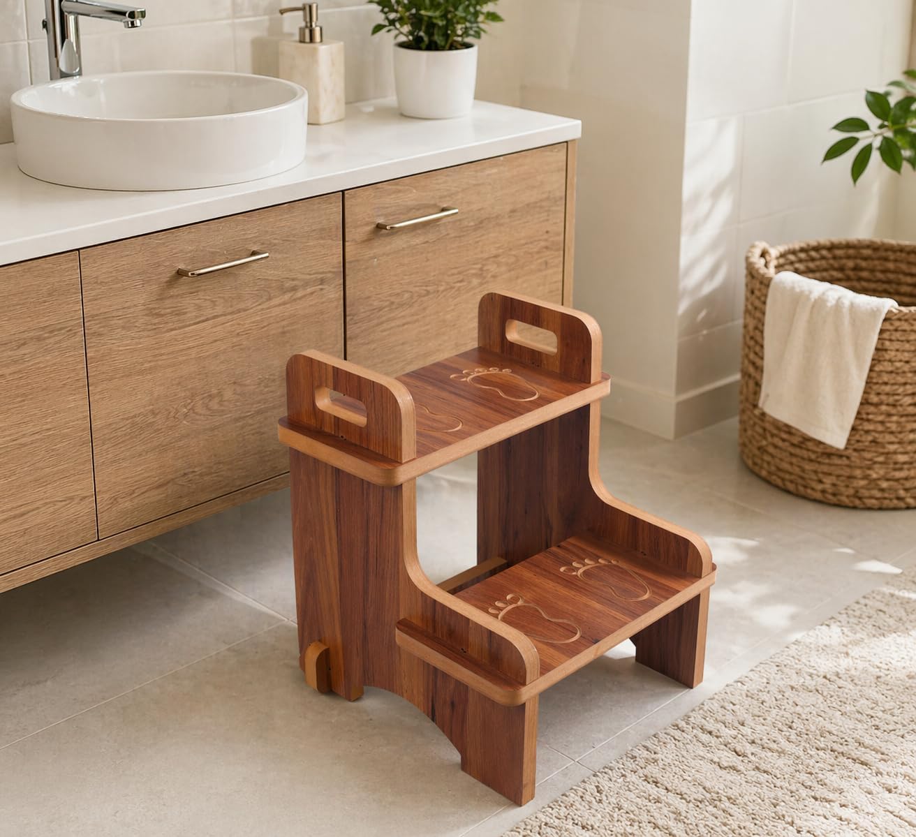 Ahşap Kaymaz Basamak Tabure – Banyo ve Lavabo Yükseltici Merdiven, 36x36x40 cm, MDF Melamin Kaplama